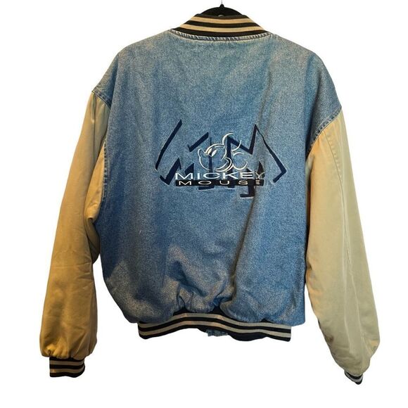Disney Inc. Rare 90's Men's Mickey Mouse Blue and Tan Denim Varsity Jacket XL - Picture 2 of 13